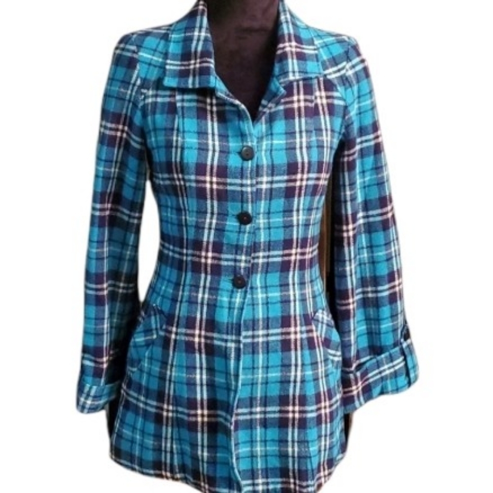 Nem Luxury Paris Jacket Womens Size 6 Pea Coat Plaid Turquoise Black Plaid